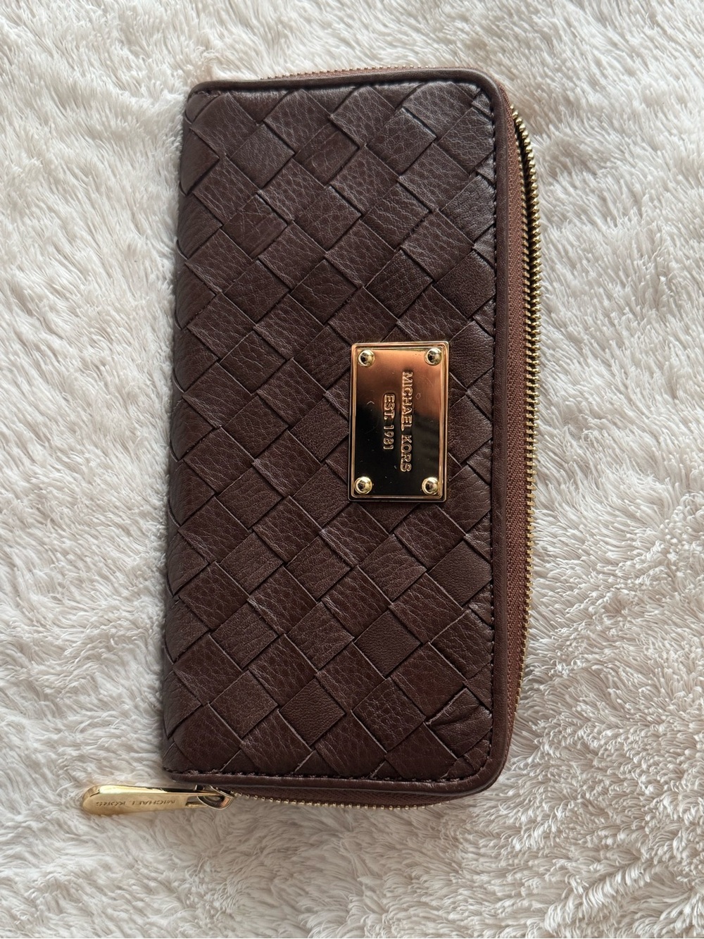 Michael Kors Chocolate Brown Woven Zip-Around Wallet with Gold Plate
